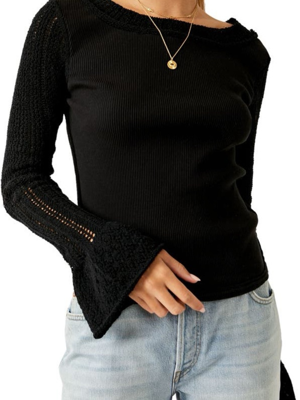 Free People Cuffing Season Rib Top M Black